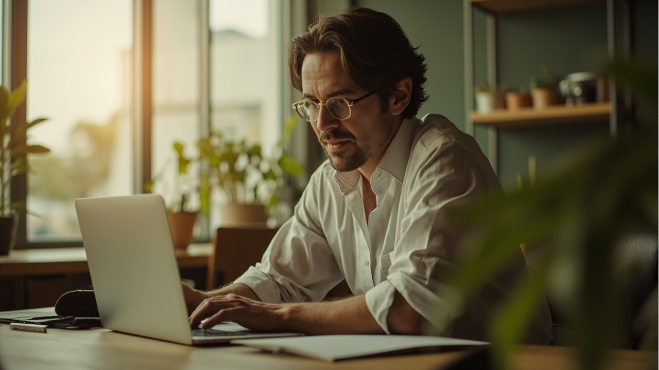 A business owner working at a desk, morning light through a window, plants on a shelf