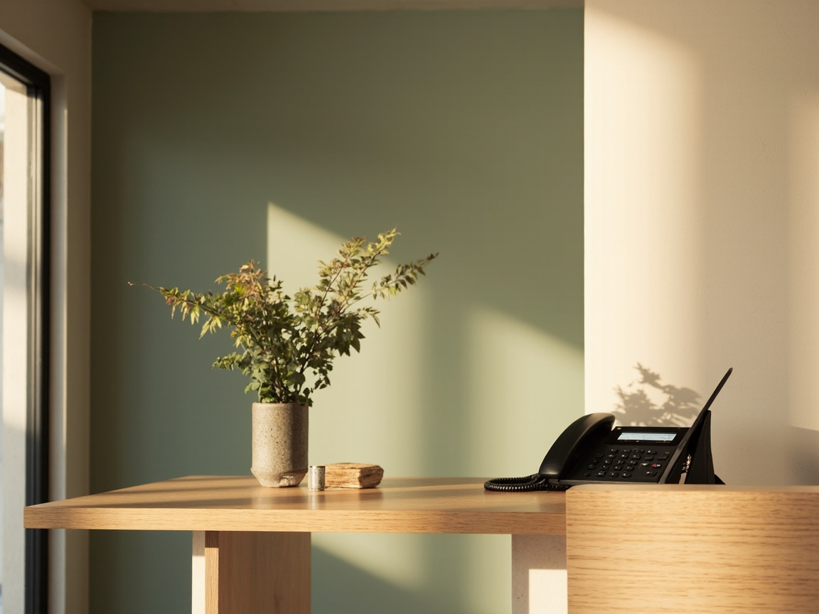 A minimalist front-of-house reception area with a phone and a vase of native ferns on a light oak desk